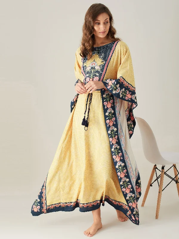 Pastel Yellow And Navy Blue Floral Vine Loungewear Kaftan