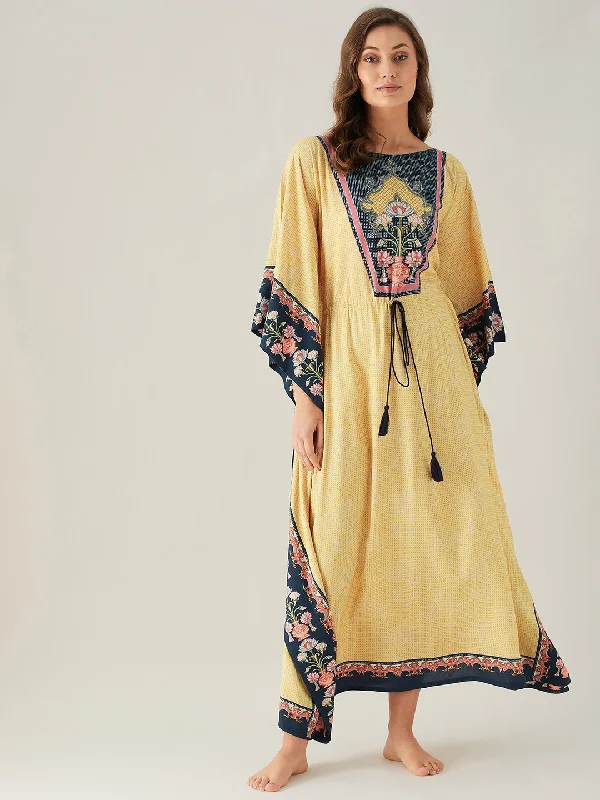 Pastel Yellow And Navy Blue Floral Vine Loungewear Kaftan