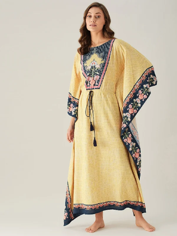 Pastel Yellow And Navy Blue Floral Vine Loungewear Kaftan