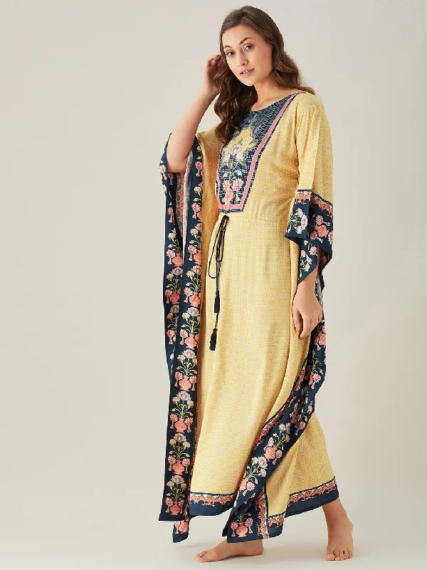 Pastel Yellow And Navy Blue Floral Vine Loungewear Kaftan