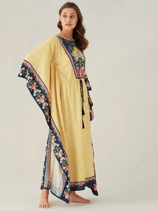 Pastel Yellow And Navy Blue Floral Vine Loungewear Kaftan