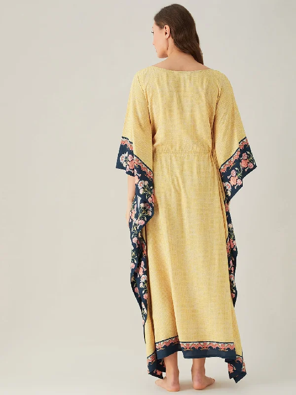 Pastel Yellow And Navy Blue Floral Vine Loungewear Kaftan