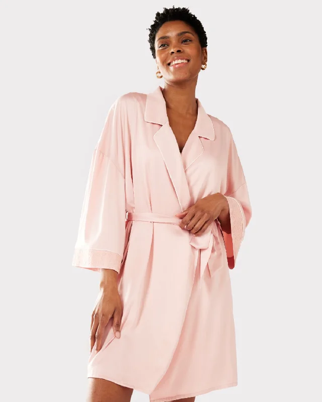 Satin Lace Trim Robe Dressing Gown - Blush