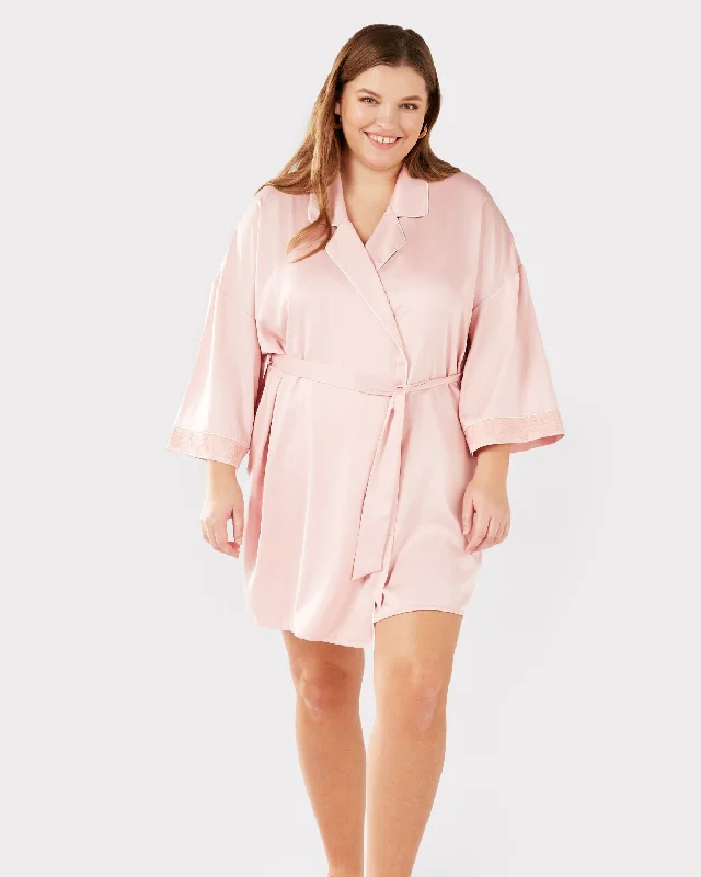 Satin Lace Trim Robe Dressing Gown - Blush