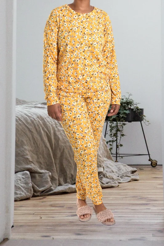 Ladies Yellow Rib Knit Floral Pj Set