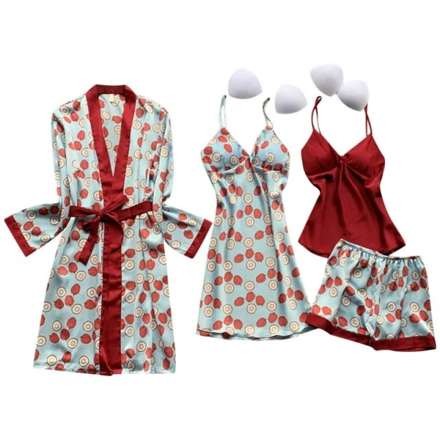 4 Piece Set Sexy Ladies Pajama with Chest Pads