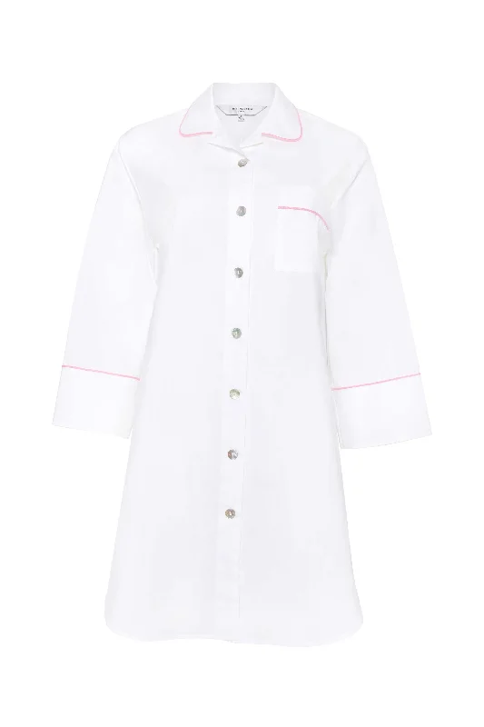 Ally White Cotton Nightshirt - Pink Piping