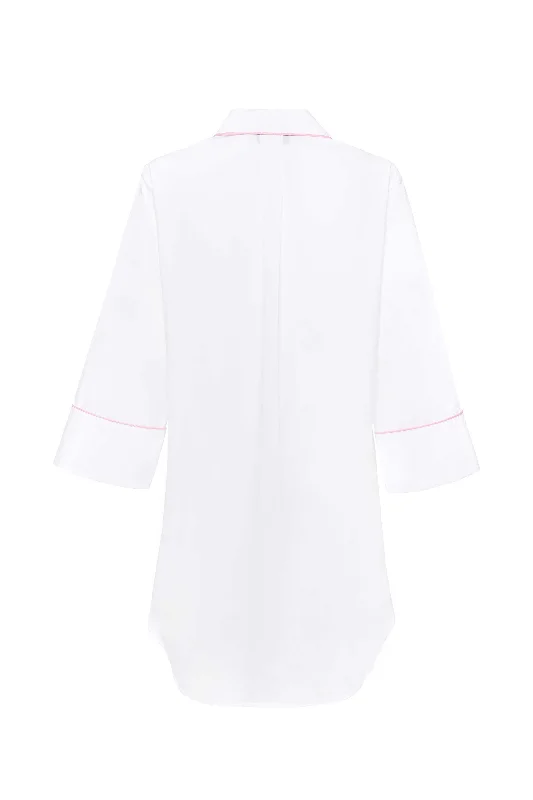 Ally White Cotton Nightshirt - Pink Piping