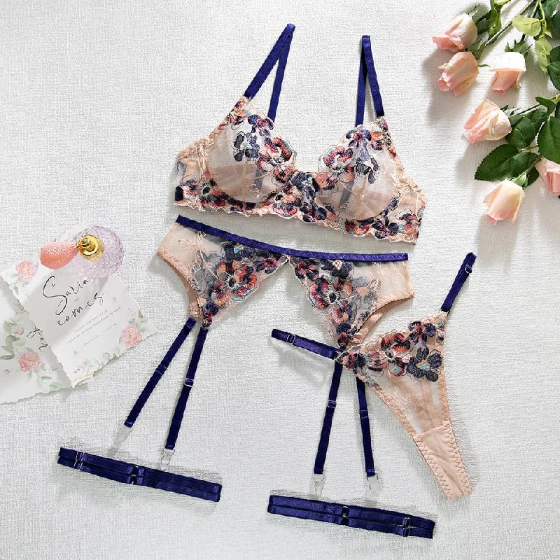 Azura Fancy Floral Transparent Lace Push Up Bra and Panty Set with Suspender