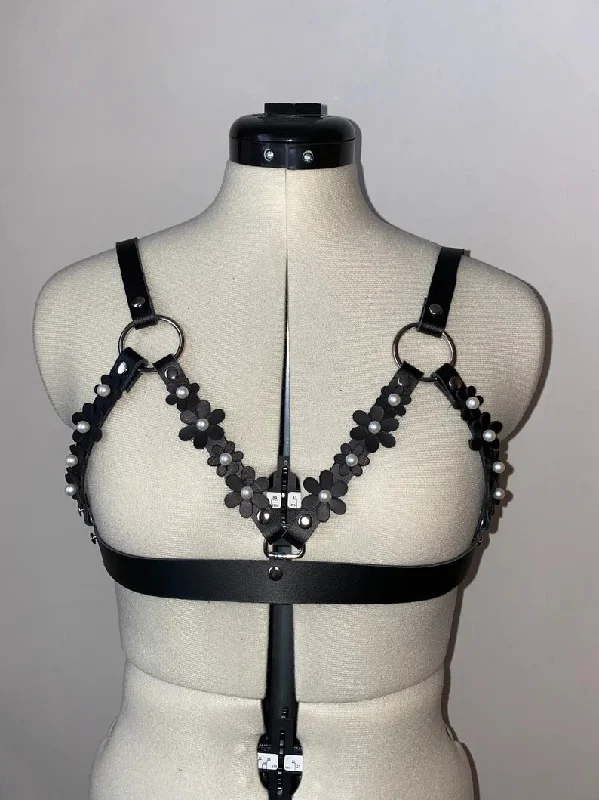 Black Pearl Blossom Leather Cage Harness Bra