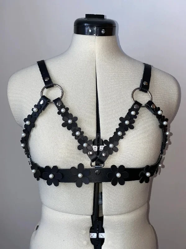 Black Pearl Blossom Leather Cage Harness Bra