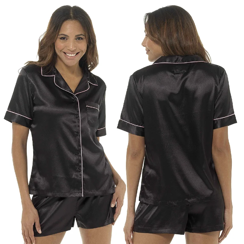 Sexy Satin Plain Black Summer Shorty Pyjamas PJs Set Negligee Lingerie