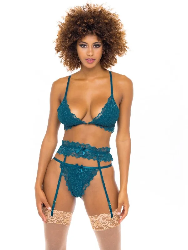 Blue Coral Lace Bra & Garter Belt Set