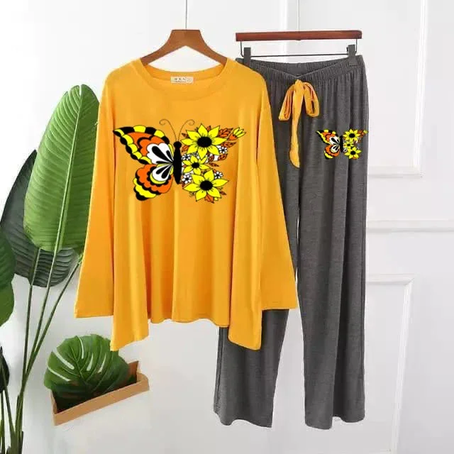 YELLOW COLORED BUTTERFLY PRINTED LOUNGEWEAR