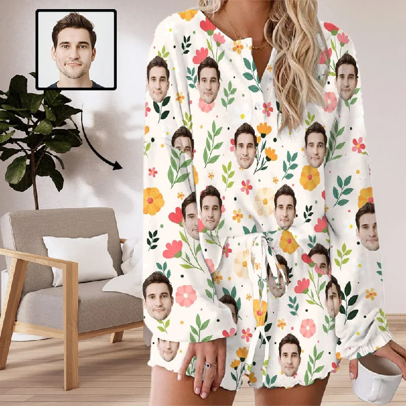 Custom Face Flowers Women's Long Sleeve Short Pajama Set