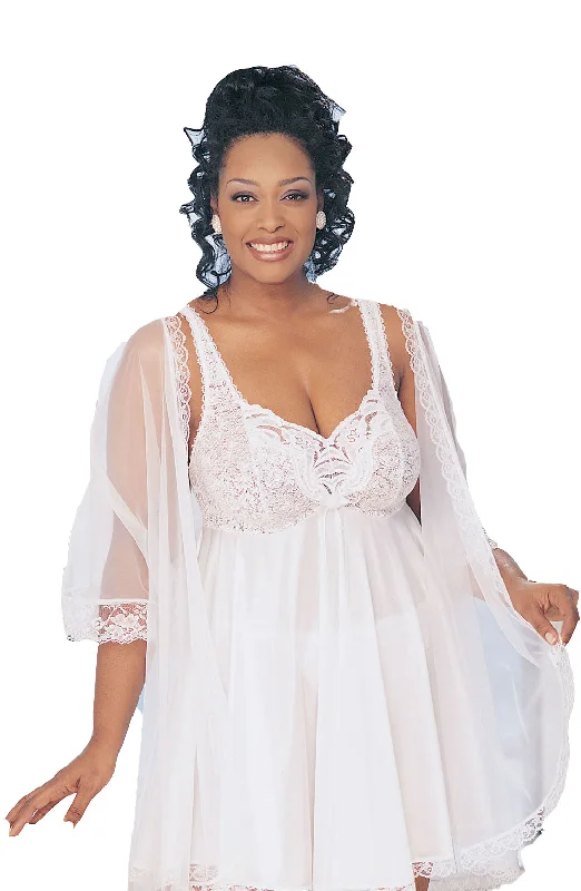 Ladies Stunning Plus Size Lace Trimmed Bust Flouncy Satin Babydoll, Dressing Gown & G-String Set