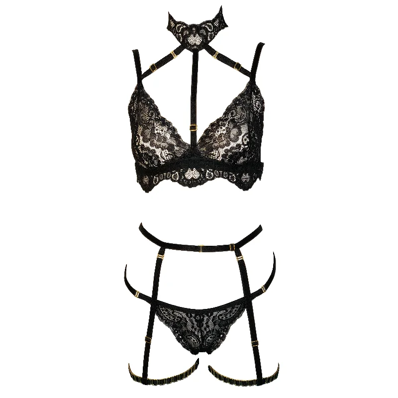 Lady of the Night lace lingerie set with crotchless panties and garters black