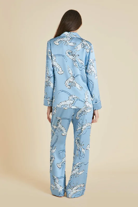 Lila Poseidon Blue Lobster Pajamas in Silk Satin