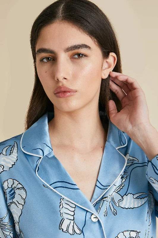 Lila Poseidon Blue Lobster Pajamas in Silk Satin