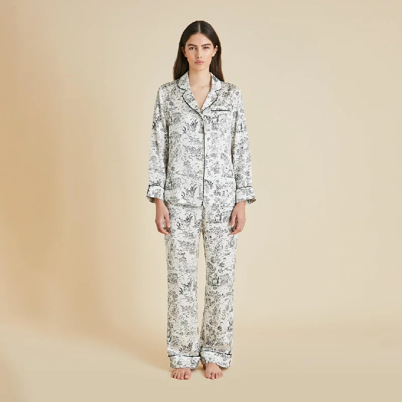 Lila Dioscuri Ivory Toile de Jouy Pajamas in Silk Satin