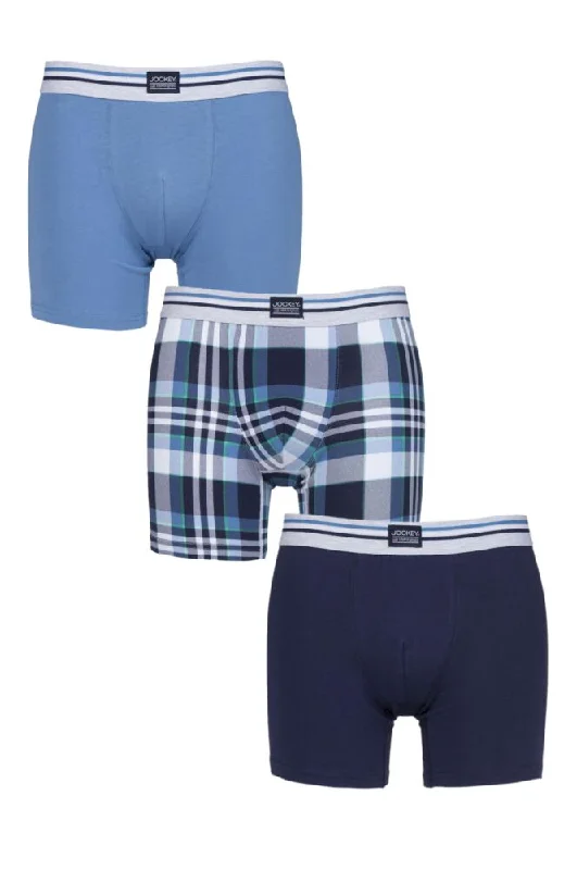 Mens 3 Pack Jockey Blue Check and Plain Cotton Stretch Boxer Trunks