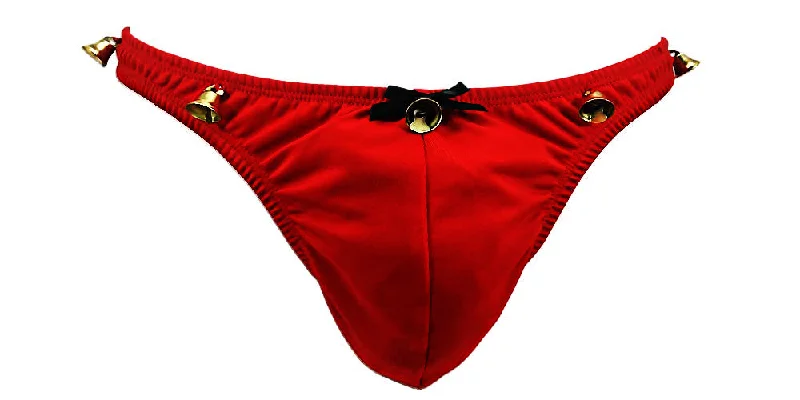 Men's Sleigh Bell Christmas Thong w/ Jingle Bells on waist & bow (Sexy Holiday Santa Brief) underwear