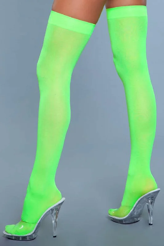 Opaque Nylon Thigh Highs - Neon Green - One Size