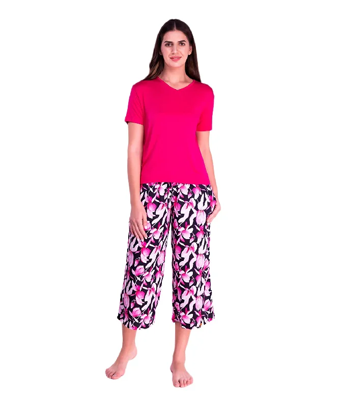 Evolove Women Loose Fit Pyjama Set with Stylish 2 Side Pockets Pants and Tops or Tshirt Viscose Liva Lycra Capris Leggings (S-XXL)