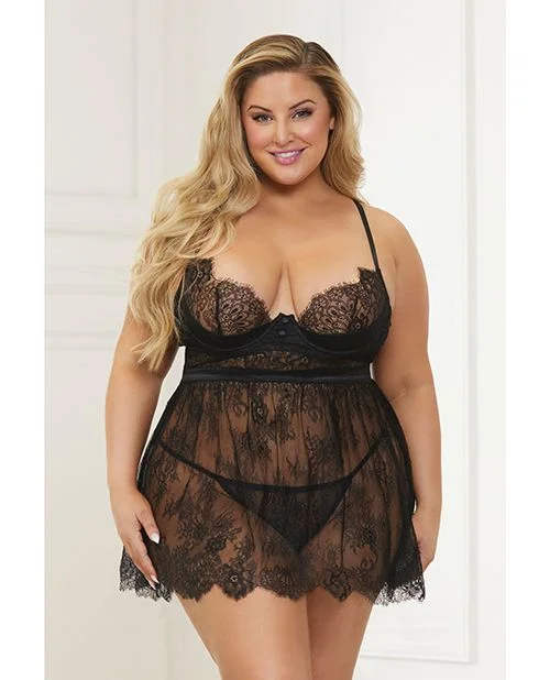 Seven 'til Midnight Plus Size Lace Satin Babydoll and Panty Black