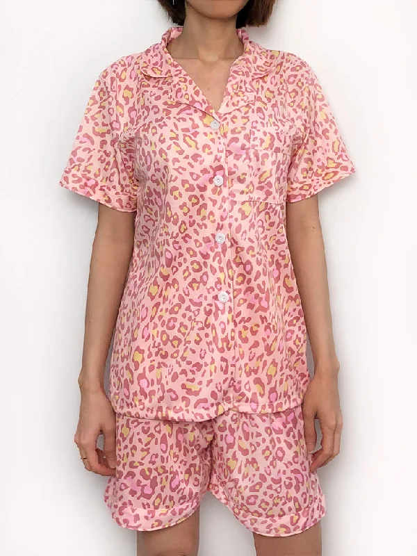 Short Pink Leopard Print Pajama Set