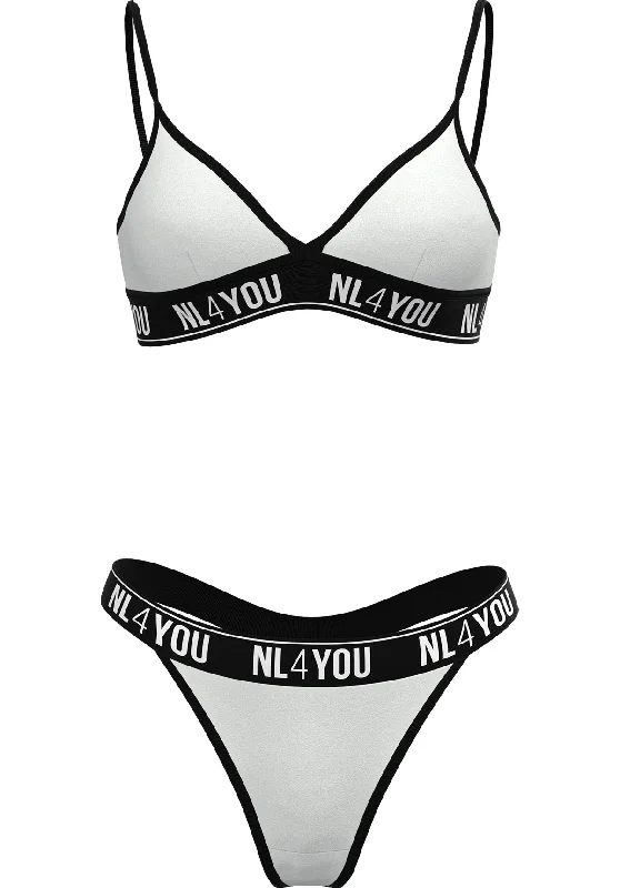 ""White & Black"" - Triangle Cotton Set of Bralette & Thong/Briefs with Adjustable Straps