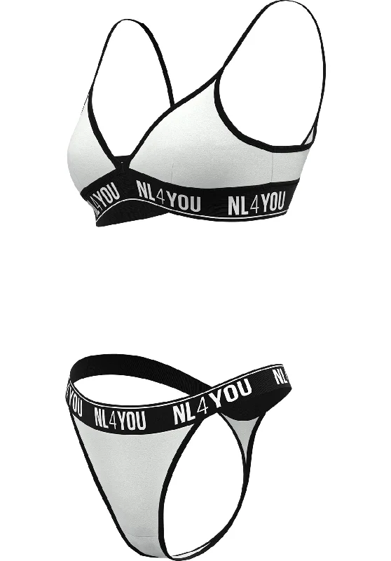 ""White & Black"" - Triangle Cotton Set of Bralette & Thong/Briefs with Adjustable Straps