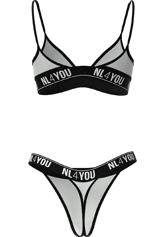 ""White & Black"" - Triangle Cotton Set of Bralette & Thong/Briefs with Adjustable Straps