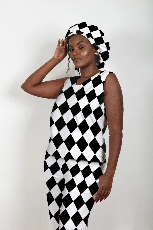 Women's Bamboo Moisture Wicking, Black & White Diamonds Tank Top Pajama Pants Set, With A Matching Satin-Lined Bonnet