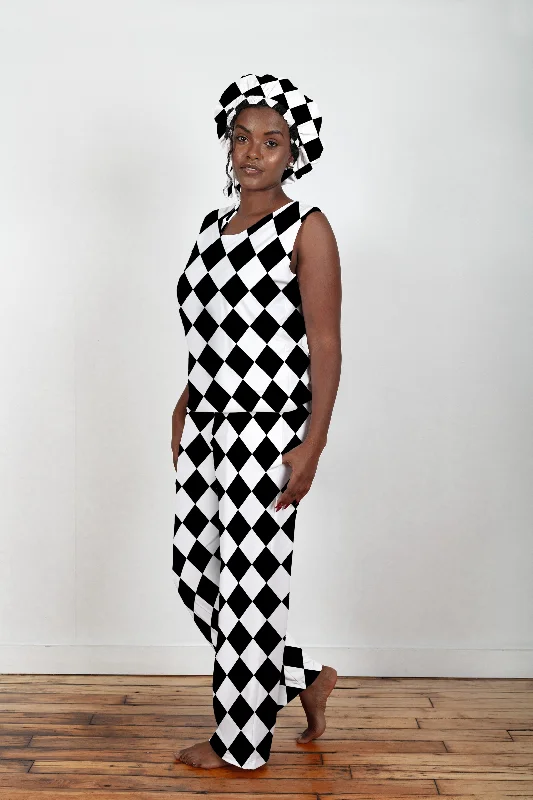 Women's Bamboo Moisture Wicking, Black & White Diamonds Tank Top Pajama Pants Set, With A Matching Satin-Lined Bonnet