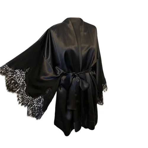 Black short robe w/ french lace hem