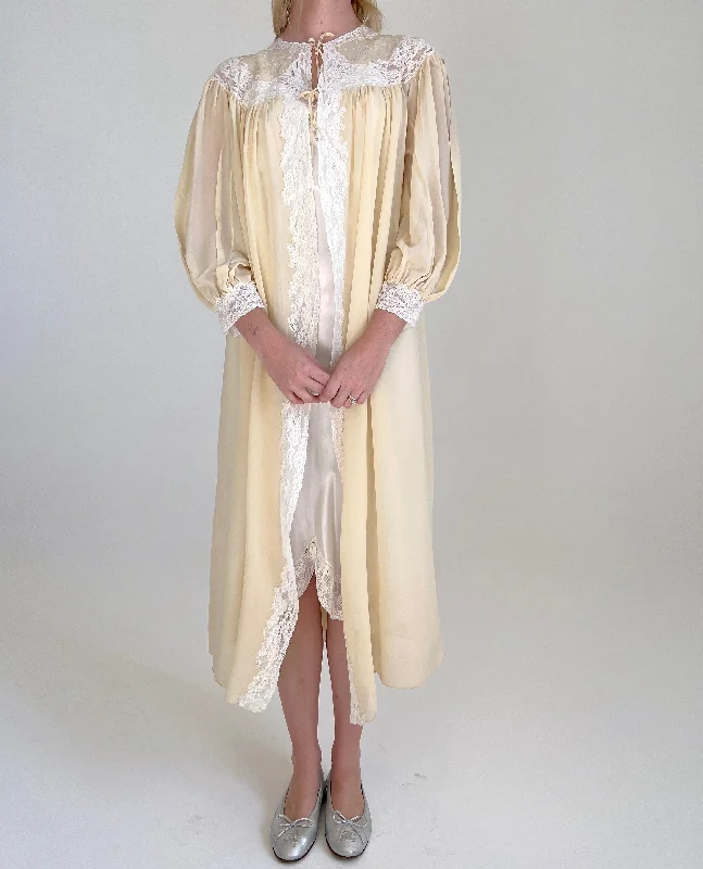 1930's Buttercream Silk Chiffon Hand Embroidered Robe