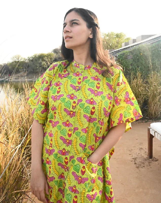 Cat-A-Pillar Hand Block Printed Cotton Midi Kaftan Shirt