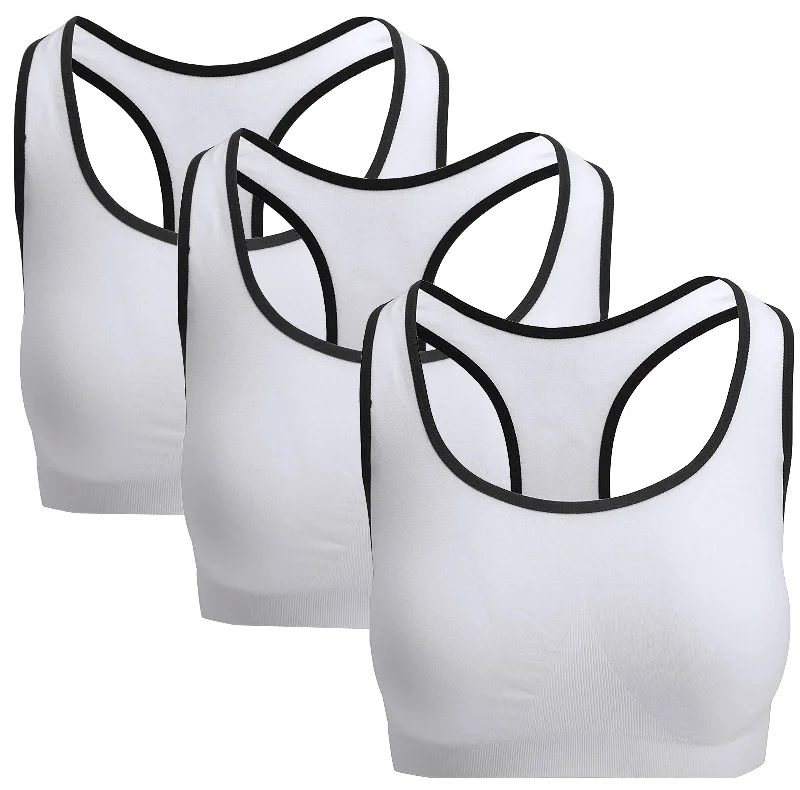 3 Pack Racerback Sports Bras in White, Removable Padded Seamless Activewear Fitness Bra