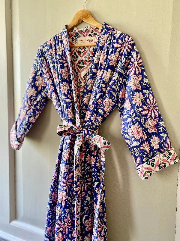 Luxury Quilted Hand Block Print Robe - Blue & Pink Floral Print