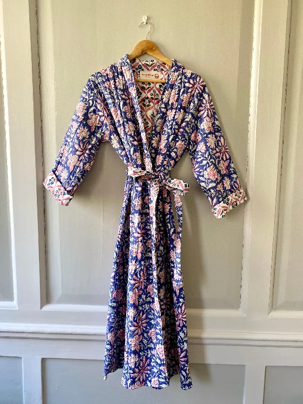 Luxury Quilted Hand Block Print Robe - Blue & Pink Floral Print