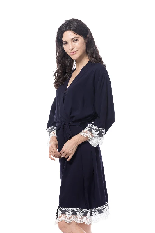 Cotton Lace Trim Robe Navy Blue