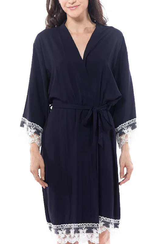 Cotton Lace Trim Robe Navy Blue