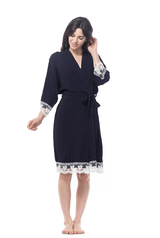 Cotton Lace Trim Robe Navy Blue