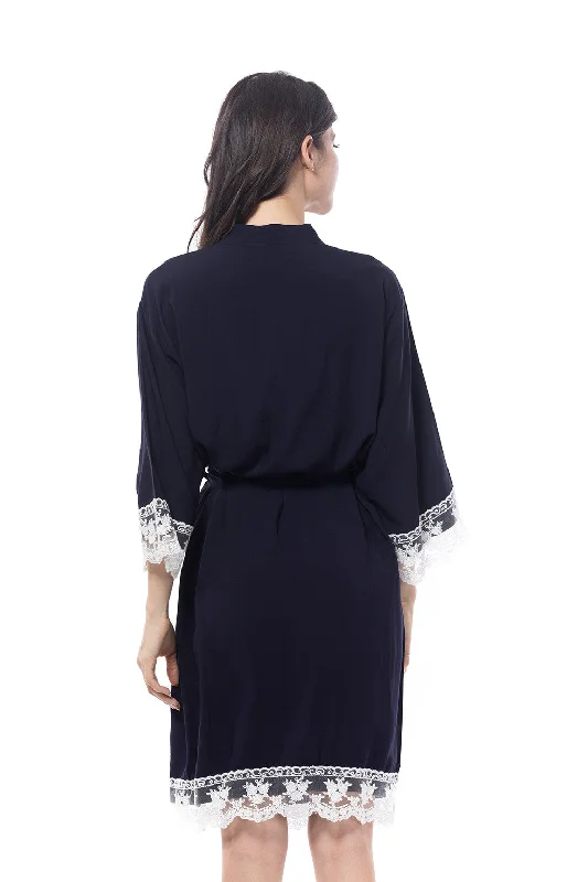 Cotton Lace Trim Robe Navy Blue