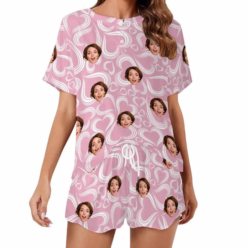 Custom Womens Short Pajama Set With Face Personalized Photo round neck Short Nightwear for GF Wife Valentine Gift