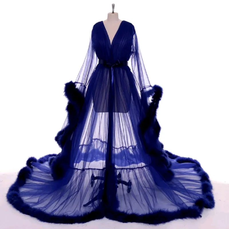 ""Dream Come True"" Dark Blue Long Sheer Tulle Marabou Feather Grand Luxury Robe