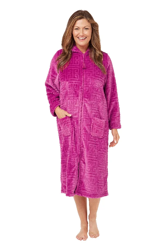 Embossed Fleece Zipped Housecoat-RASPBERRY