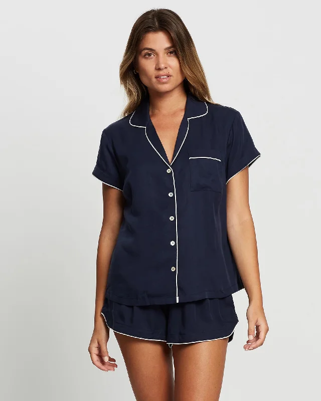 Eva Short Tencel™ Pyjama Set - Navy with White Piping