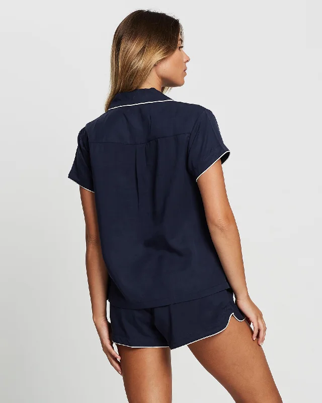 Eva Short Tencel™ Pyjama Set - Navy with White Piping